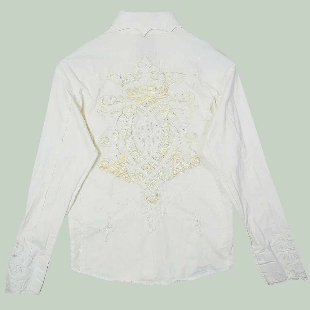 J. Steger Mens XL White Embroidered Crest Button Shirt Raw Edge Distressed‎ Y2K